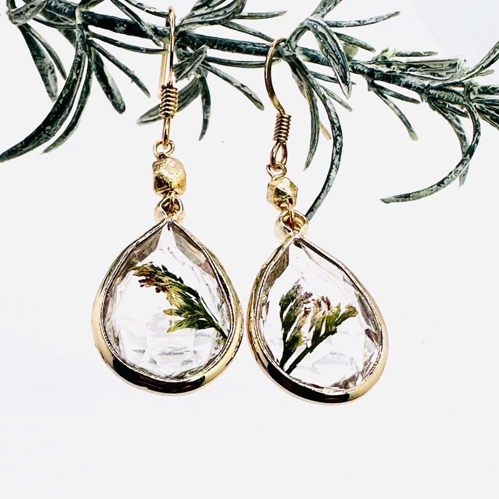 Natural dried green twig, transparent resin, gold plated Dangling Earrings,